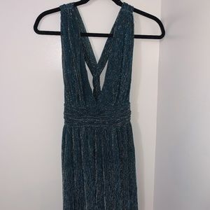 Lulus Ailey Gold and Teal Blue Skater Dress